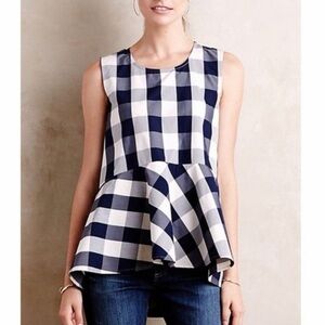 Anthropologie HD in Paris Navy and White Checkered Sleeveless Peplum Top